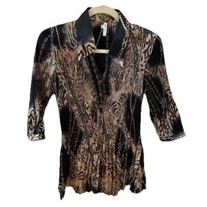 Lindi Womens XS Pleated Blouse‎ Shirt Sleeve Chain Print Button Down Retro Glam